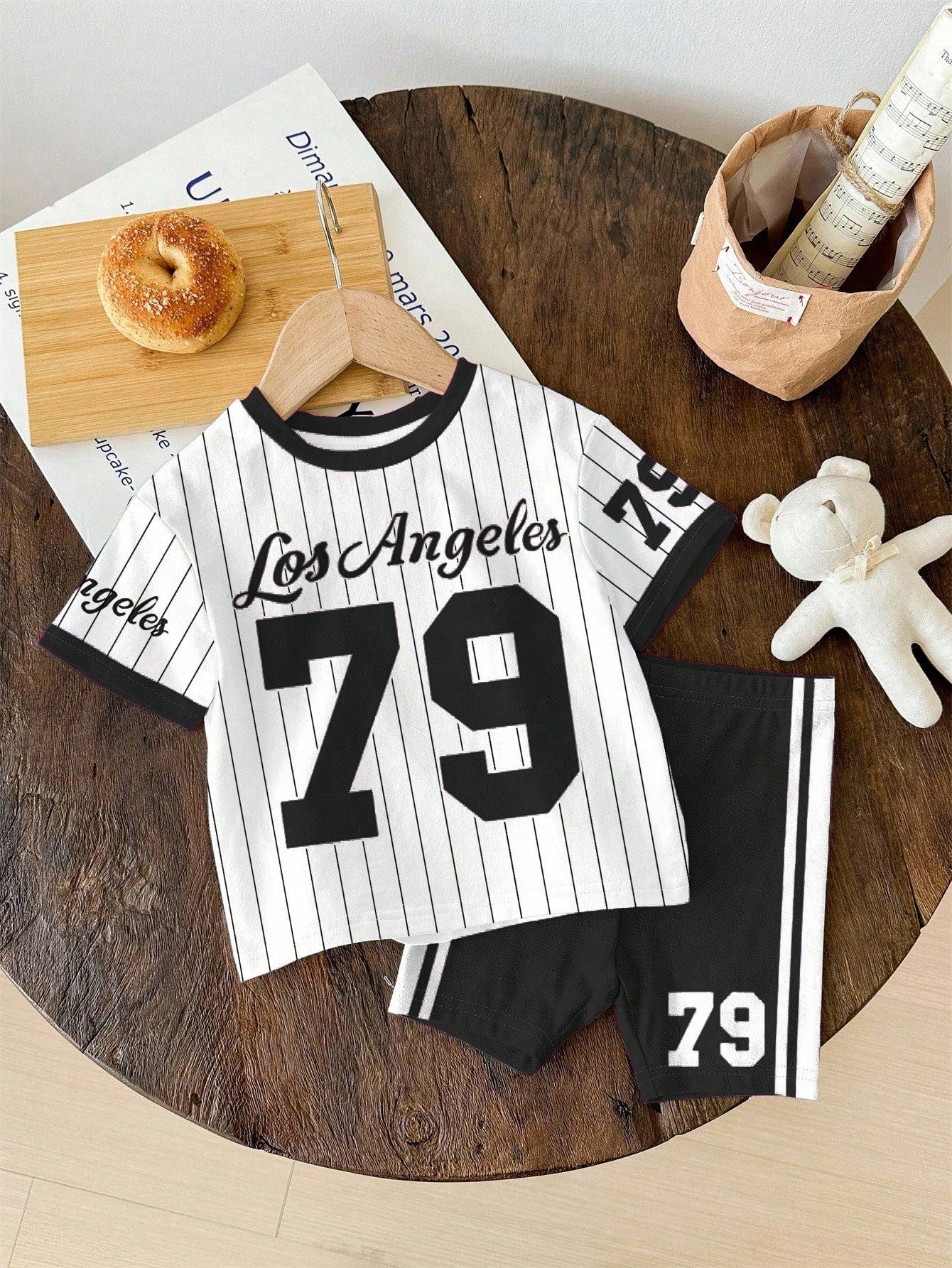 Happikins 2pcs Baby Girl Cute Summer School Outfit,Pink And White Striped Numeric 79 Print Short Sleeve T-Shirt And Skinny Cycling Shorts Set,Vacay