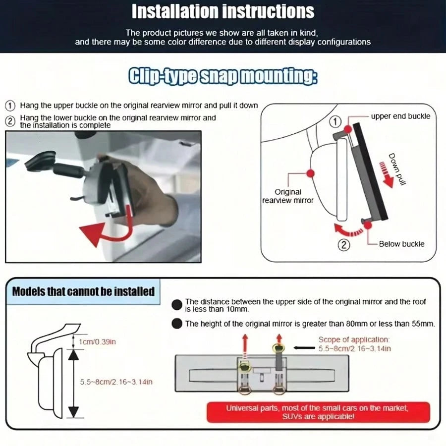 High Definition Car Rearview Mirror, Universal Clip-On Panoramic Rearview Mirror For Cars, SUVs, Trucks, And Vehicles