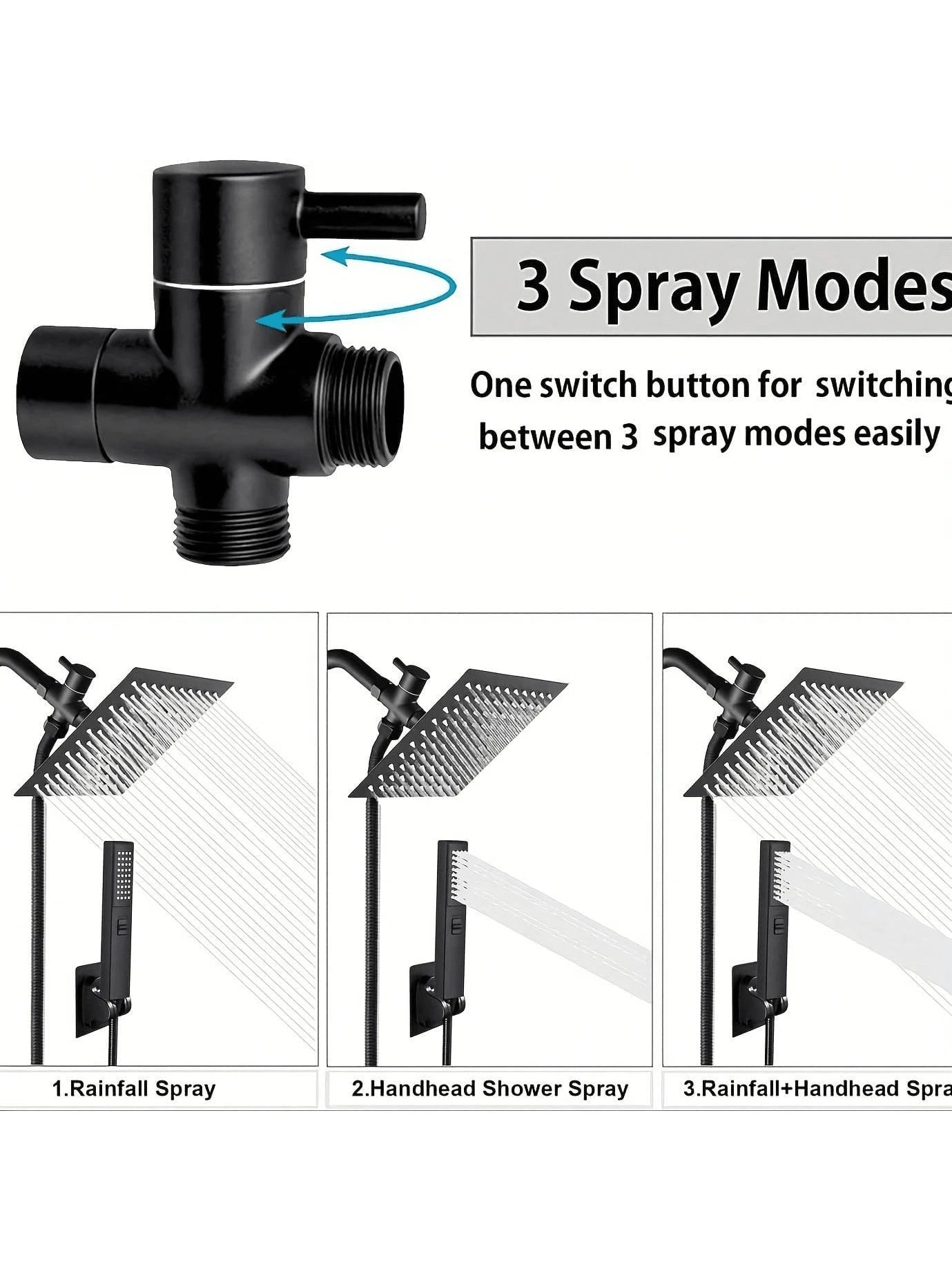 High Pressure Square Rain Shower Head With Handheld Sprayer Combo, Includes 60" Stainless Steel Hose, 3-Way Diverter Valve, Adhesive Shower Head Holder, Double Shower Head Set Home Bathroom Decor Summ