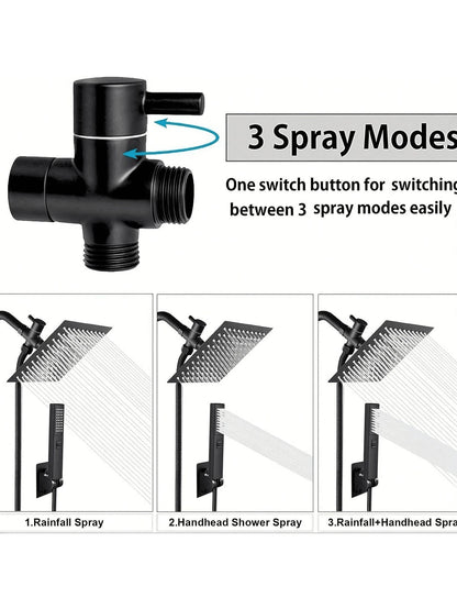 High Pressure Square Rain Shower Head With Handheld Sprayer Combo, Includes 60" Stainless Steel Hose, 3-Way Diverter Valve, Adhesive Shower Head Holder, Double Shower Head Set Home Bathroom Decor Summ