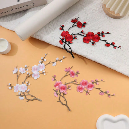 Holiday Cherry Blossom Embroidery Patch Set- White, Red, Pink And Brown Tones- Perfect For DIY Projects And Clothing Accessories
