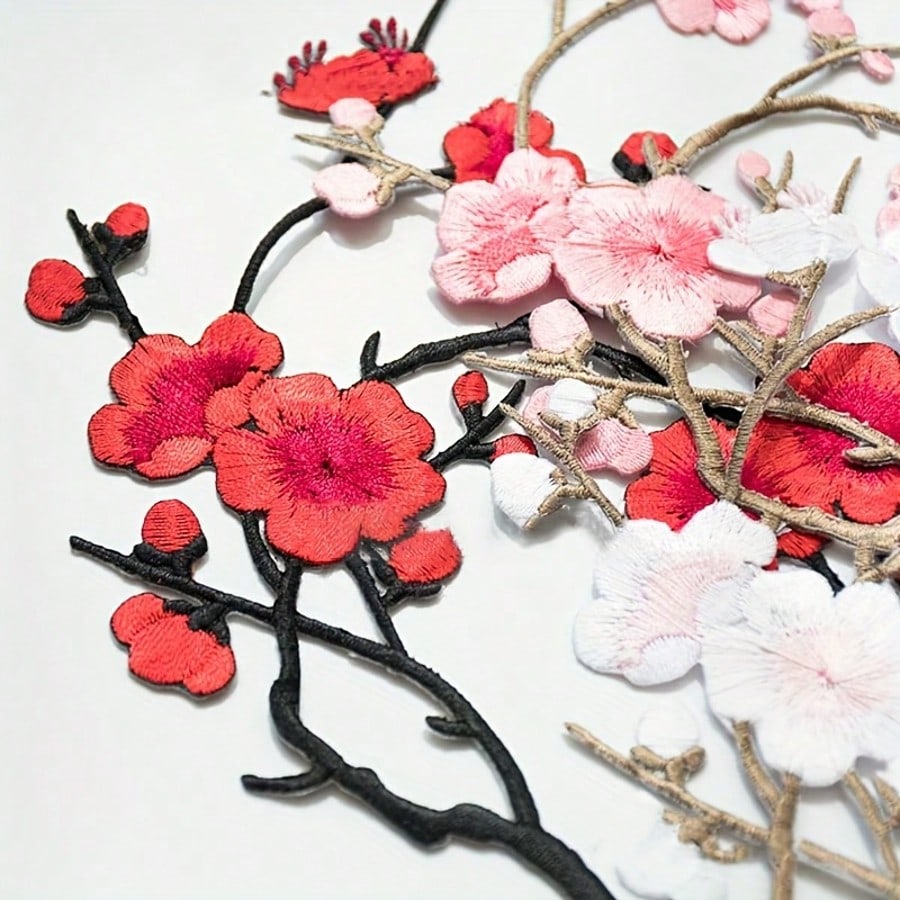 Holiday Cherry Blossom Embroidery Patch Set- White, Red, Pink And Brown Tones- Perfect For DIY Projects And Clothing Accessories