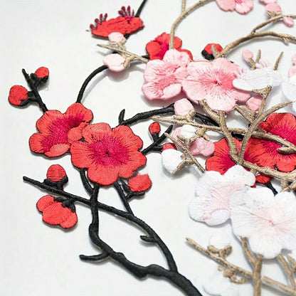 Holiday Cherry Blossom Embroidery Patch Set- White, Red, Pink And Brown Tones- Perfect For DIY Projects And Clothing Accessories