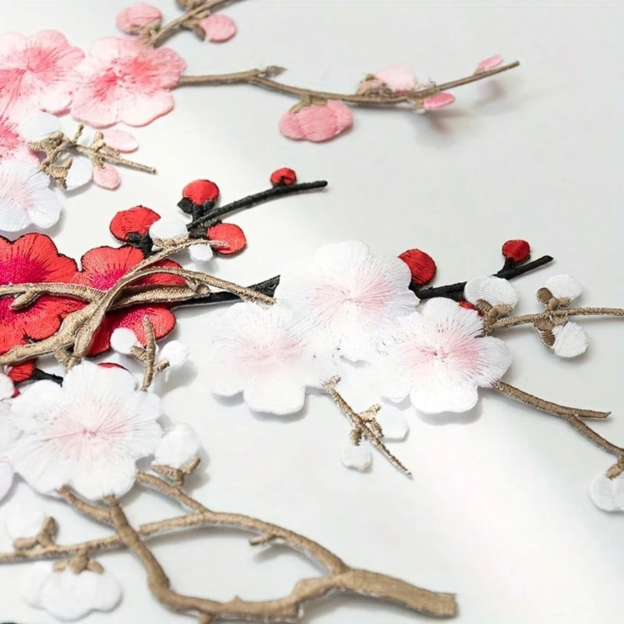 Holiday Cherry Blossom Embroidery Patch Set- White, Red, Pink And Brown Tones- Perfect For DIY Projects And Clothing Accessories