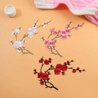 Holiday Cherry Blossom Embroidery Patch Set- White, Red, Pink And Brown Tones- Perfect For DIY Projects And Clothing Accessories