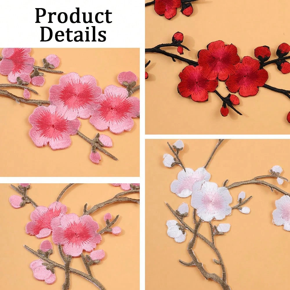 Holiday Cherry Blossom Embroidery Patch Set- White, Red, Pink And Brown Tones- Perfect For DIY Projects And Clothing Accessories