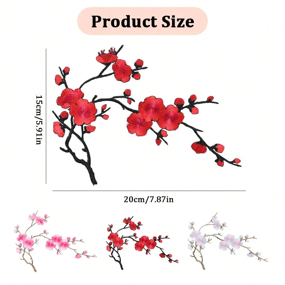 Holiday Cherry Blossom Embroidery Patch Set- White, Red, Pink And Brown Tones- Perfect For DIY Projects And Clothing Accessories