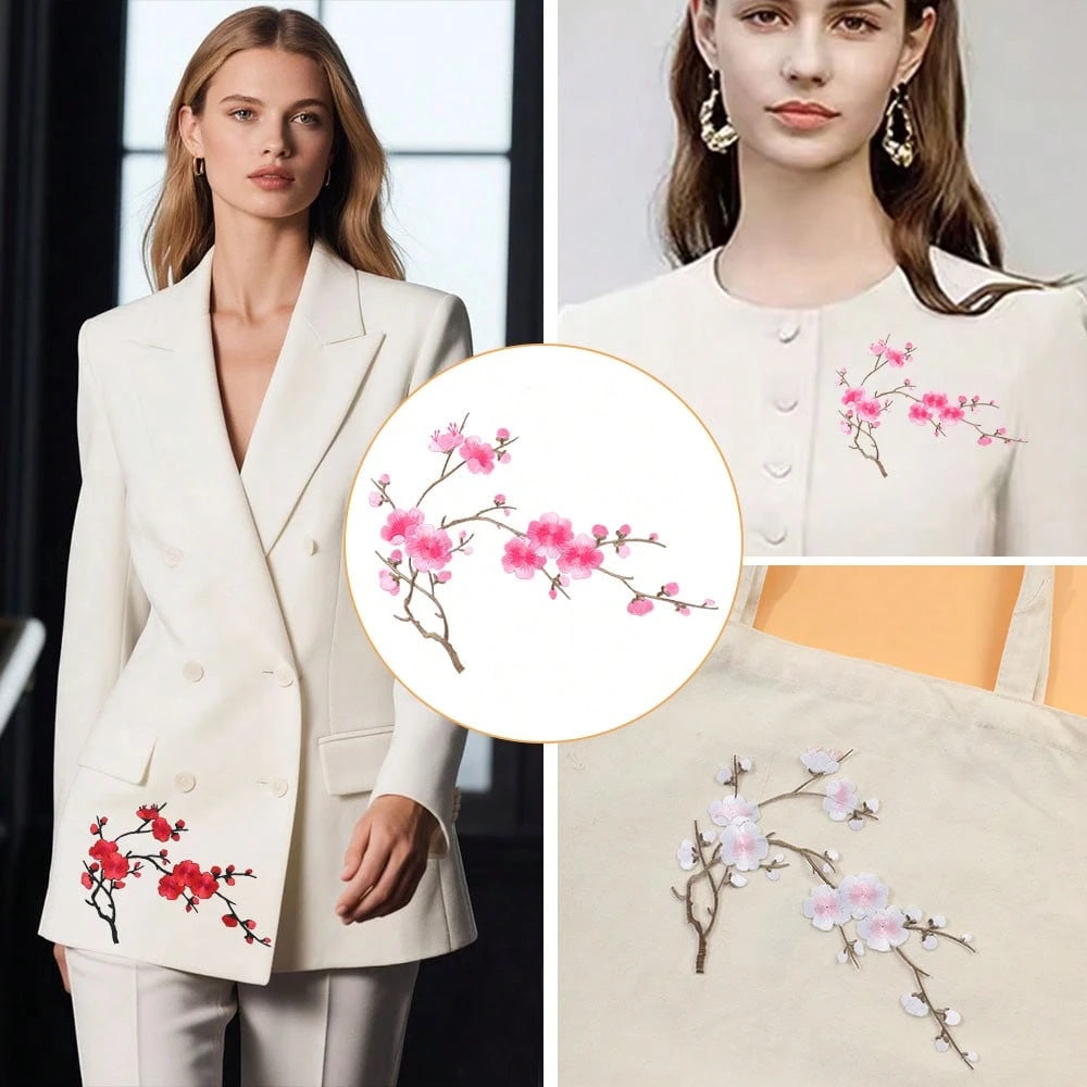 Holiday Cherry Blossom Embroidery Patch Set- White, Red, Pink And Brown Tones- Perfect For DIY Projects And Clothing Accessories