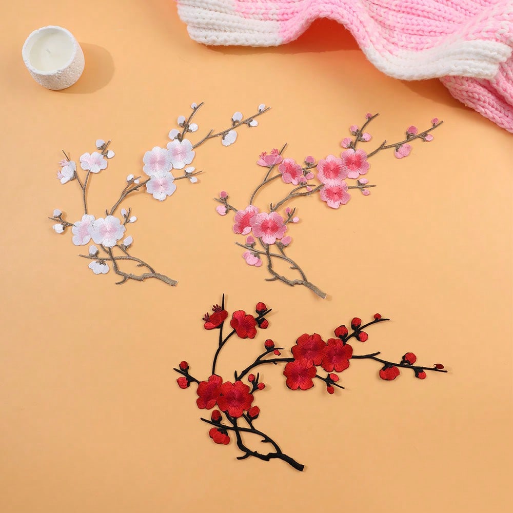 Holiday Cherry Blossom Embroidery Patch Set- White, Red, Pink And Brown Tones- Perfect For DIY Projects And Clothing Accessories