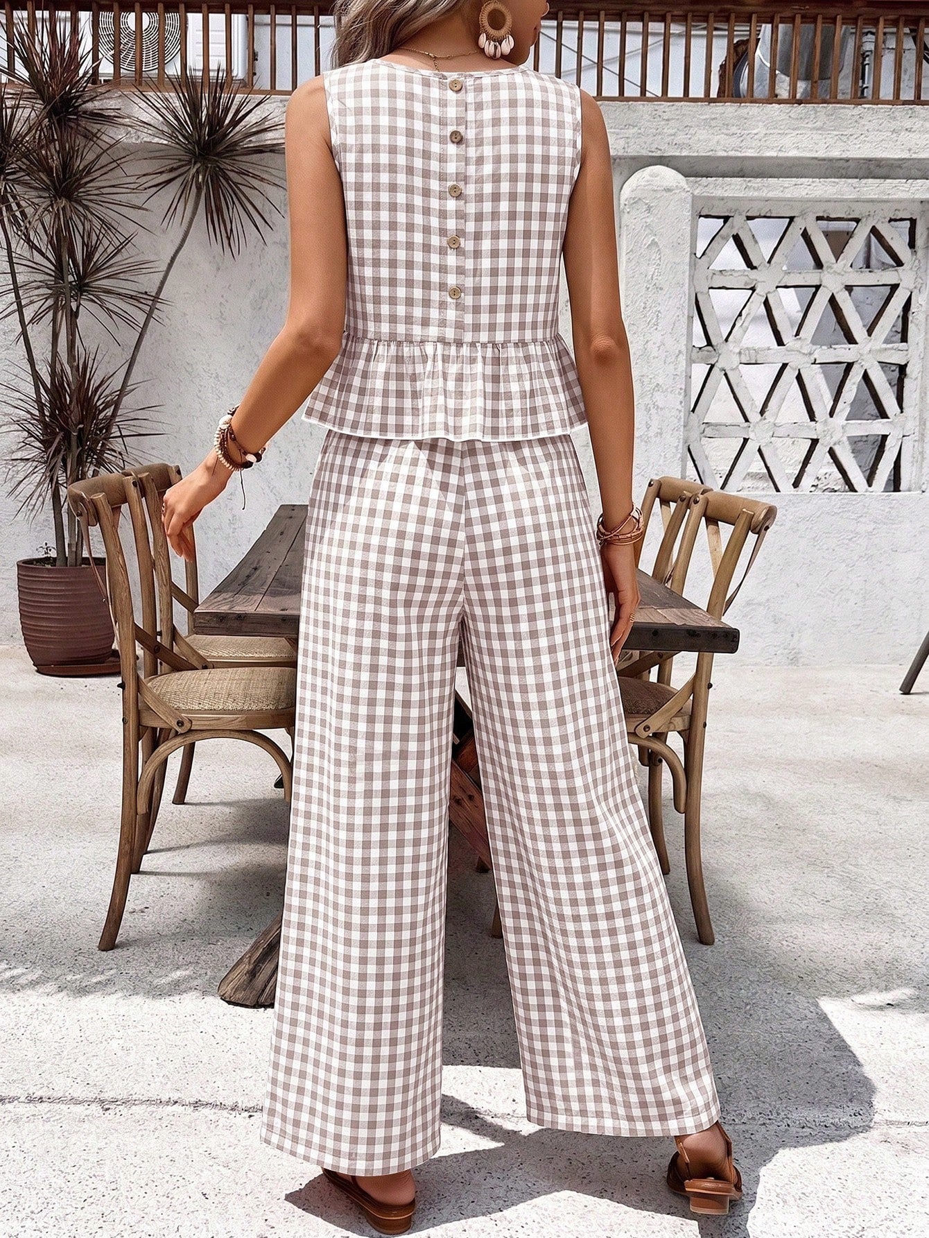 Holidaya Women's Plaid Ruched Crew Neck Top And Pants 2 Pieces Casual Outfit