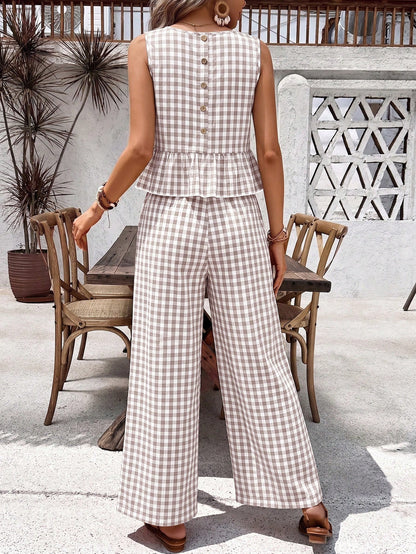 Holidaya Women's Plaid Ruched Crew Neck Top And Pants 2 Pieces Casual Outfit