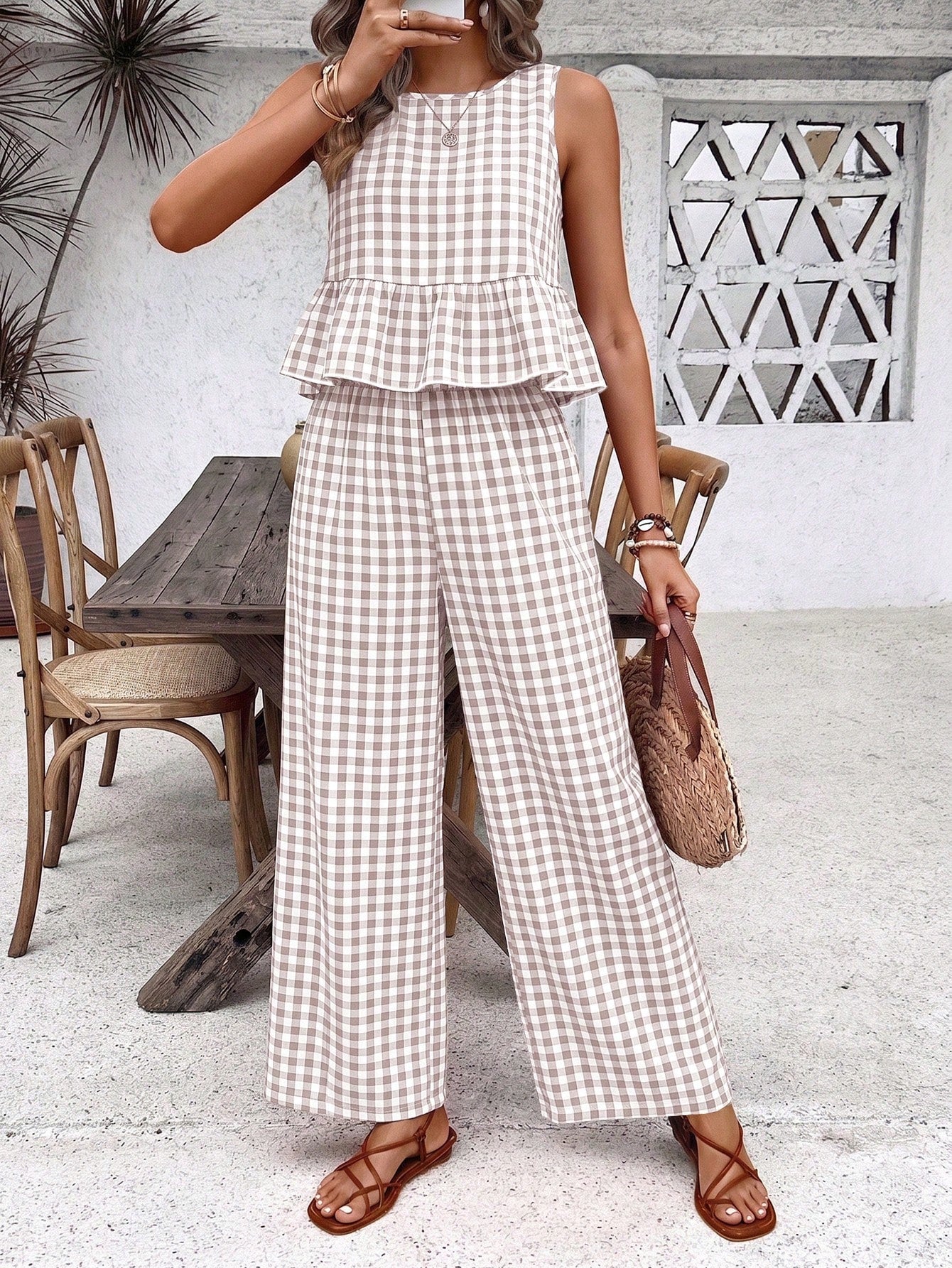 Holidaya Women's Plaid Ruched Crew Neck Top And Pants 2 Pieces Casual Outfit