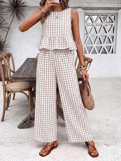 Holidaya Women's Plaid Ruched Crew Neck Top And Pants 2 Pieces Casual Outfit