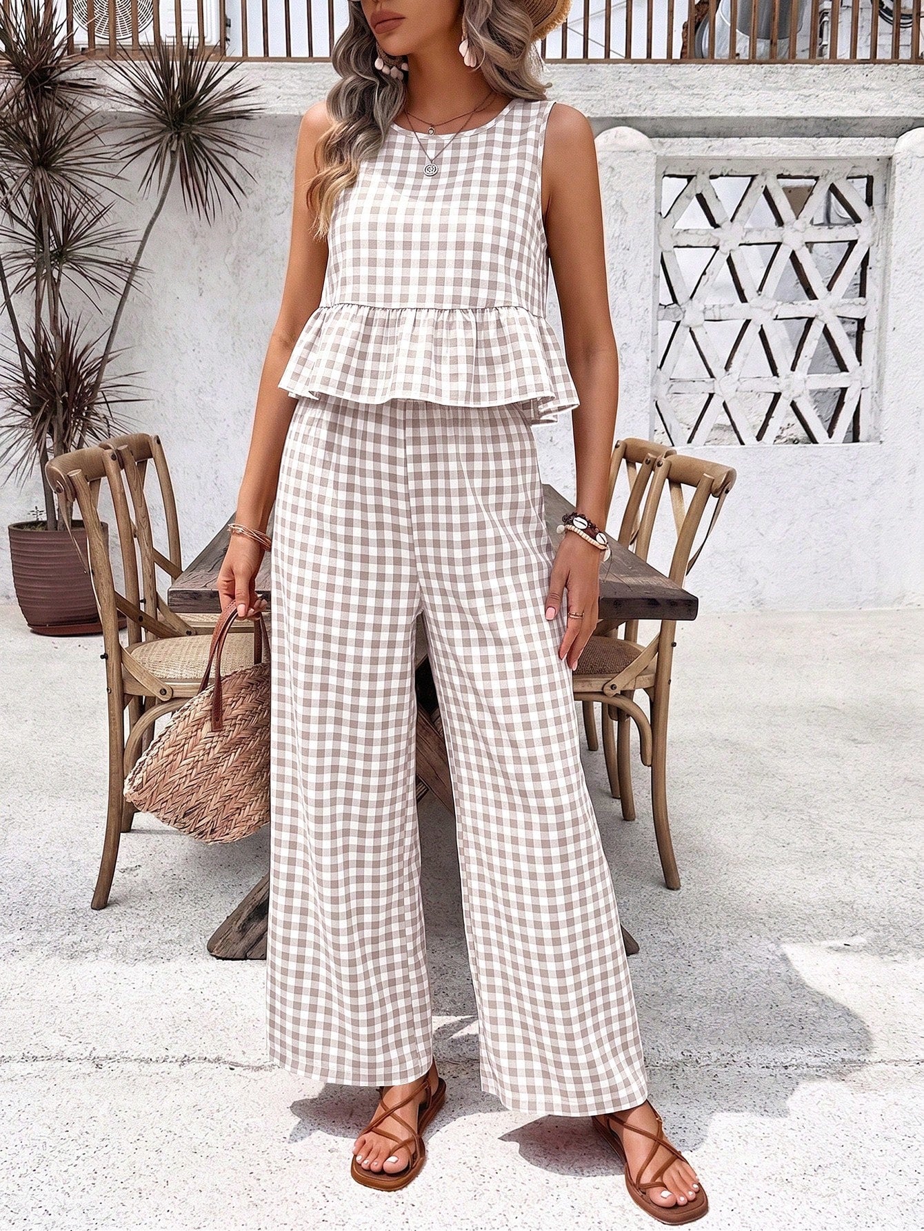 Holidaya Women's Plaid Ruched Crew Neck Top And Pants 2 Pieces Casual Outfit