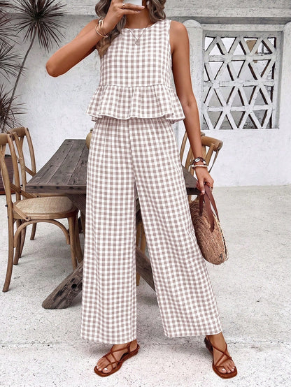 Holidaya Women's Plaid Ruched Crew Neck Top And Pants 2 Pieces Casual Outfit
