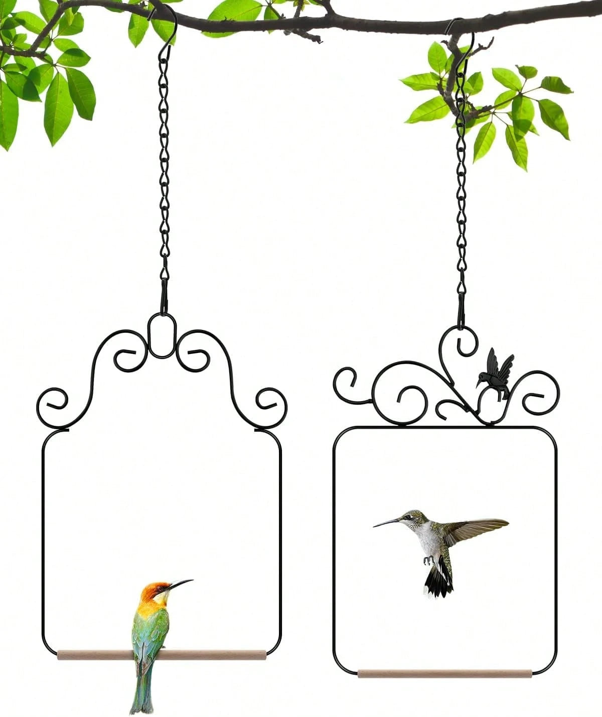 Hummingbird Swings And Perches Metal Frame 2 Pack, Wild Bird Swing Outdoor Bird Perch With Wooden Dowel And 2 Hanging Chain For Hanging Indoor, Outdoor, Trunk, Lawn, Patio, Garden (Black
