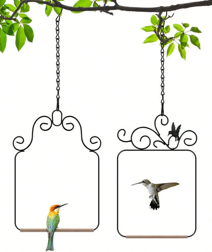 Hummingbird Swings And Perches Metal Frame 2 Pack, Wild Bird Swing Outdoor Bird Perch With Wooden Dowel And 2 Hanging Chain For Hanging Indoor, Outdoor, Trunk, Lawn, Patio, Garden (Black