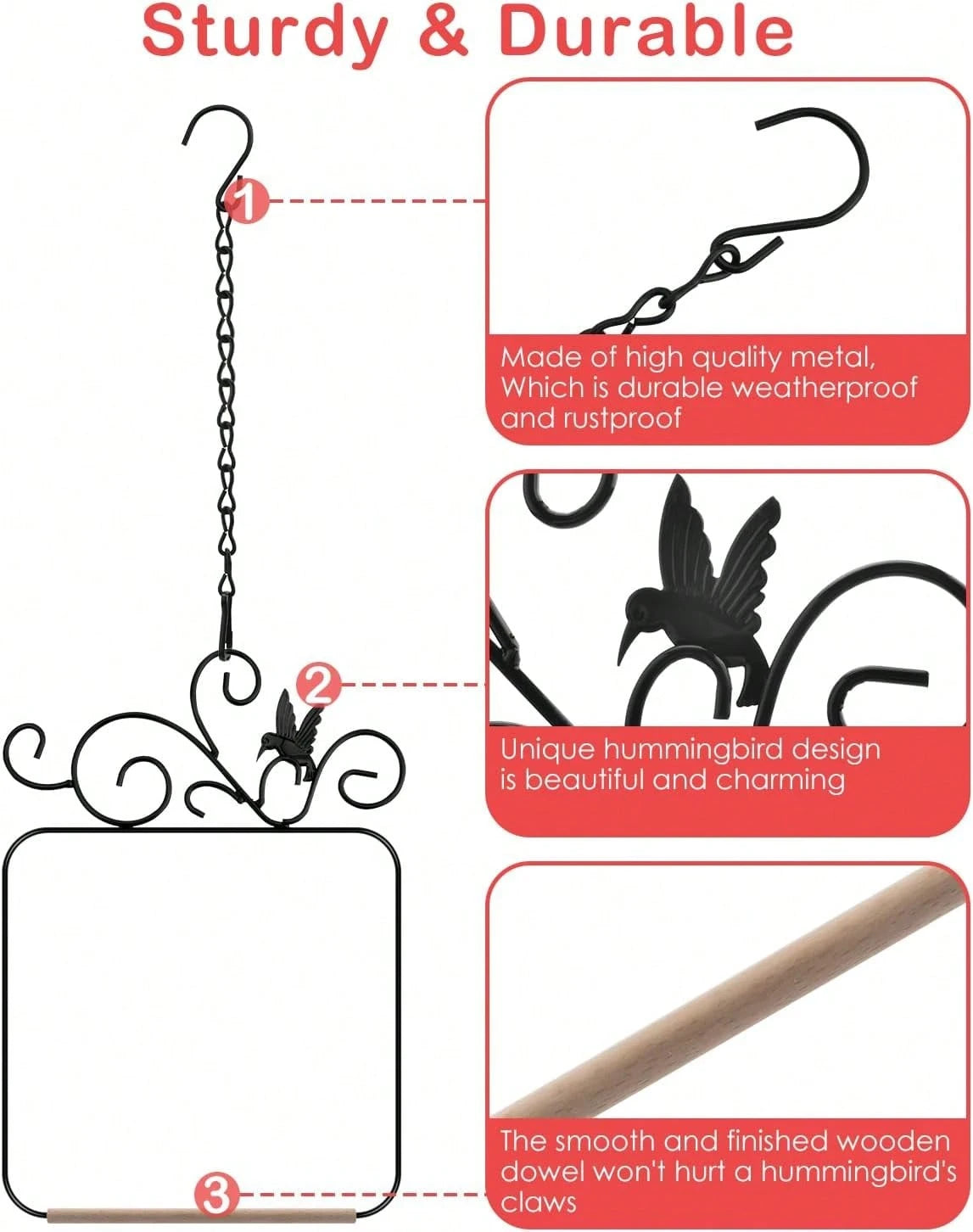 Hummingbird Swings And Perches Metal Frame 2 Pack, Wild Bird Swing Outdoor Bird Perch With Wooden Dowel And 2 Hanging Chain For Hanging Indoor, Outdoor, Trunk, Lawn, Patio, Garden (Black