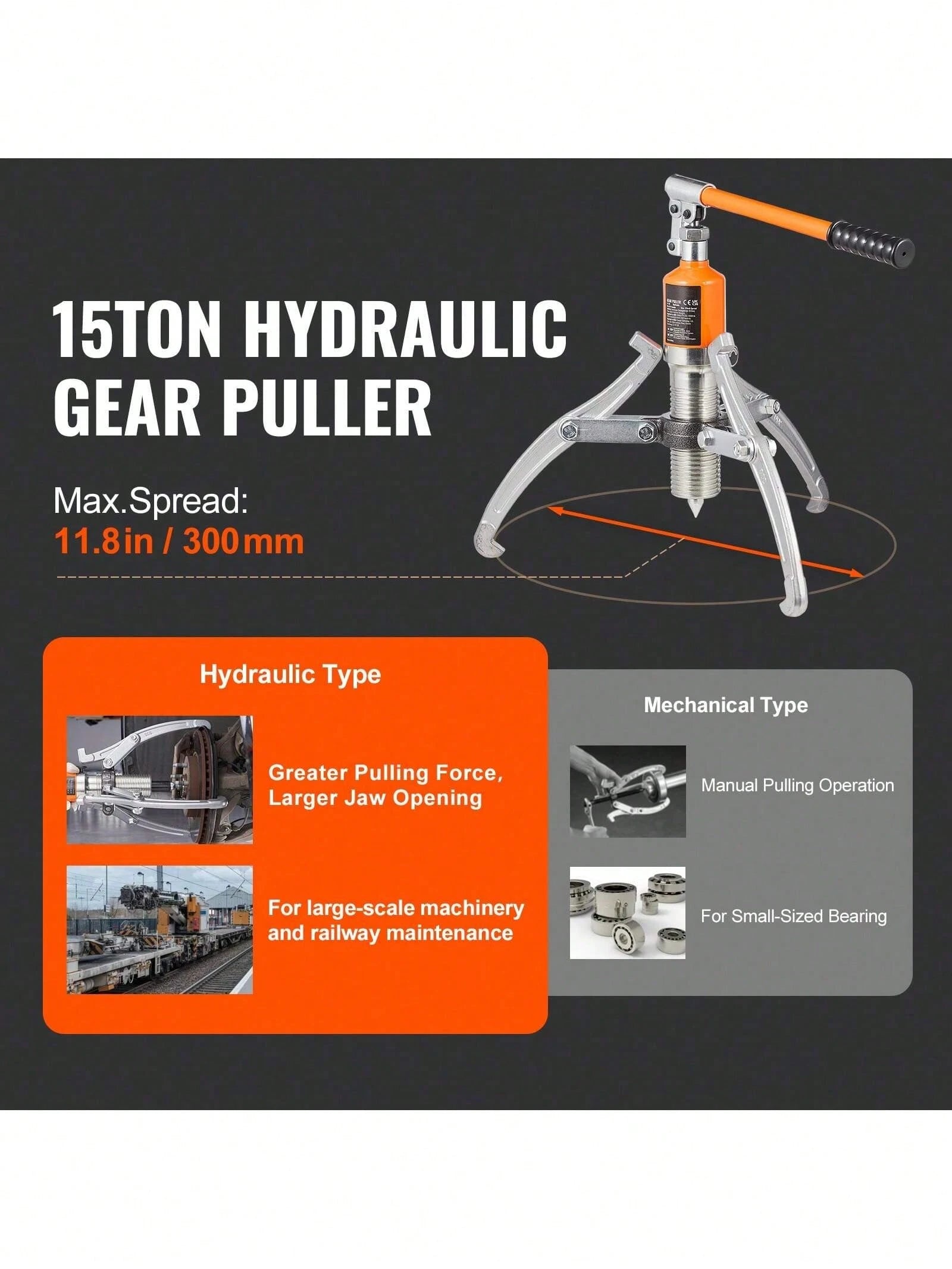 Hydraulic Gear Puller, 15 Ton Max Capacity Wheel Bearing Pulling Separator, 2 Or 3 Jaws Puller, Vertically And Horizontally, 12" Jaw Hydraulic Puller With Case For Pulling Hubs