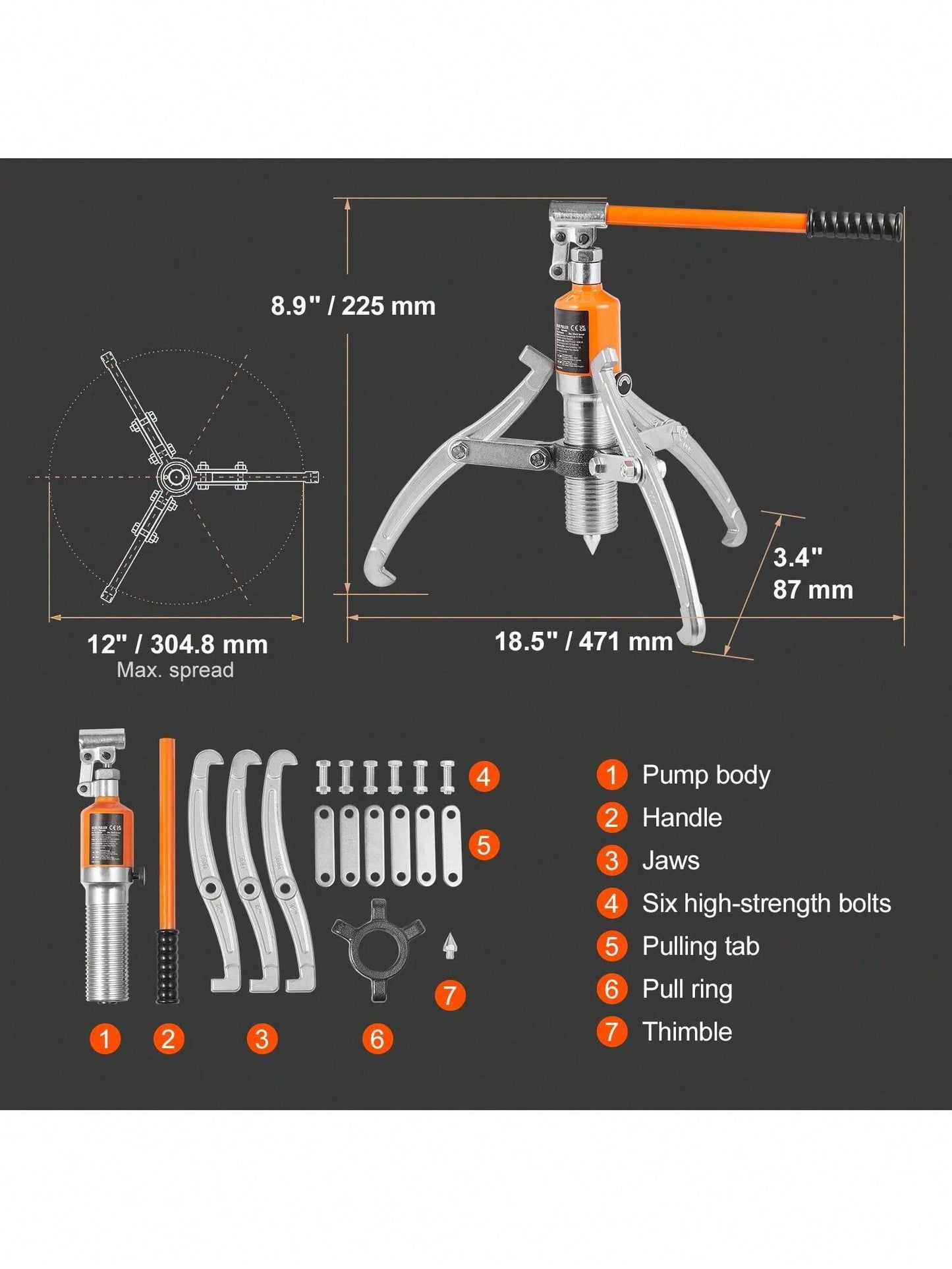 Hydraulic Gear Puller, 15 Ton Max Capacity Wheel Bearing Pulling Separator, 2 Or 3 Jaws Puller, Vertically And Horizontally, 12" Jaw Hydraulic Puller With Case For Pulling Hubs