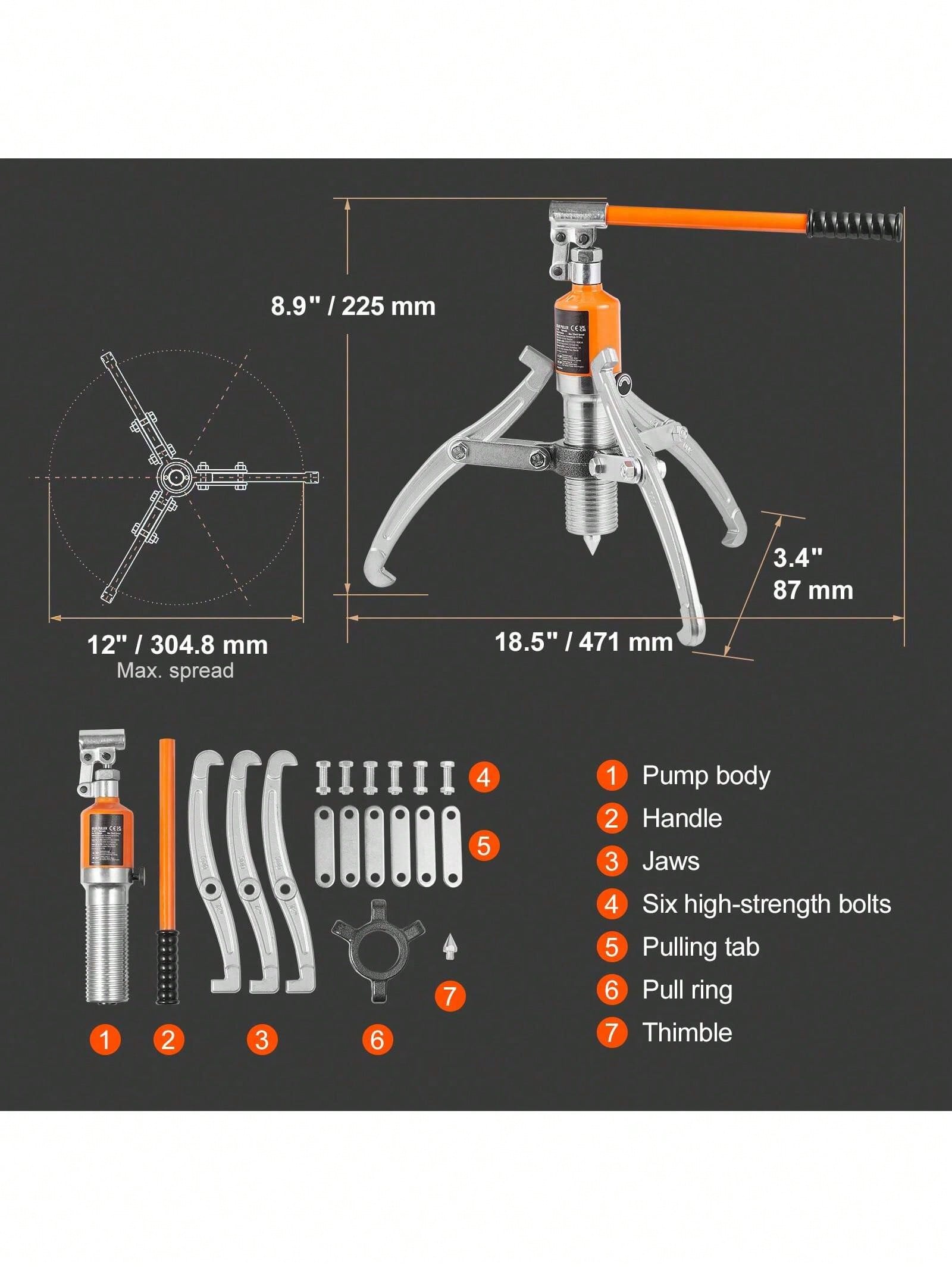 Hydraulic Gear Puller, 15 Ton Max Capacity Wheel Bearing Pulling Separator, 2 Or 3 Jaws Puller, Vertically And Horizontally, 12" Jaw Hydraulic Puller With Case For Pulling Hubs