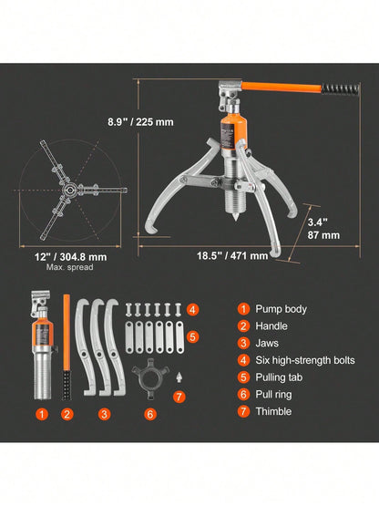 Hydraulic Gear Puller, 15 Ton Max Capacity Wheel Bearing Pulling Separator, 2 Or 3 Jaws Puller, Vertically And Horizontally, 12" Jaw Hydraulic Puller With Case For Pulling Hubs