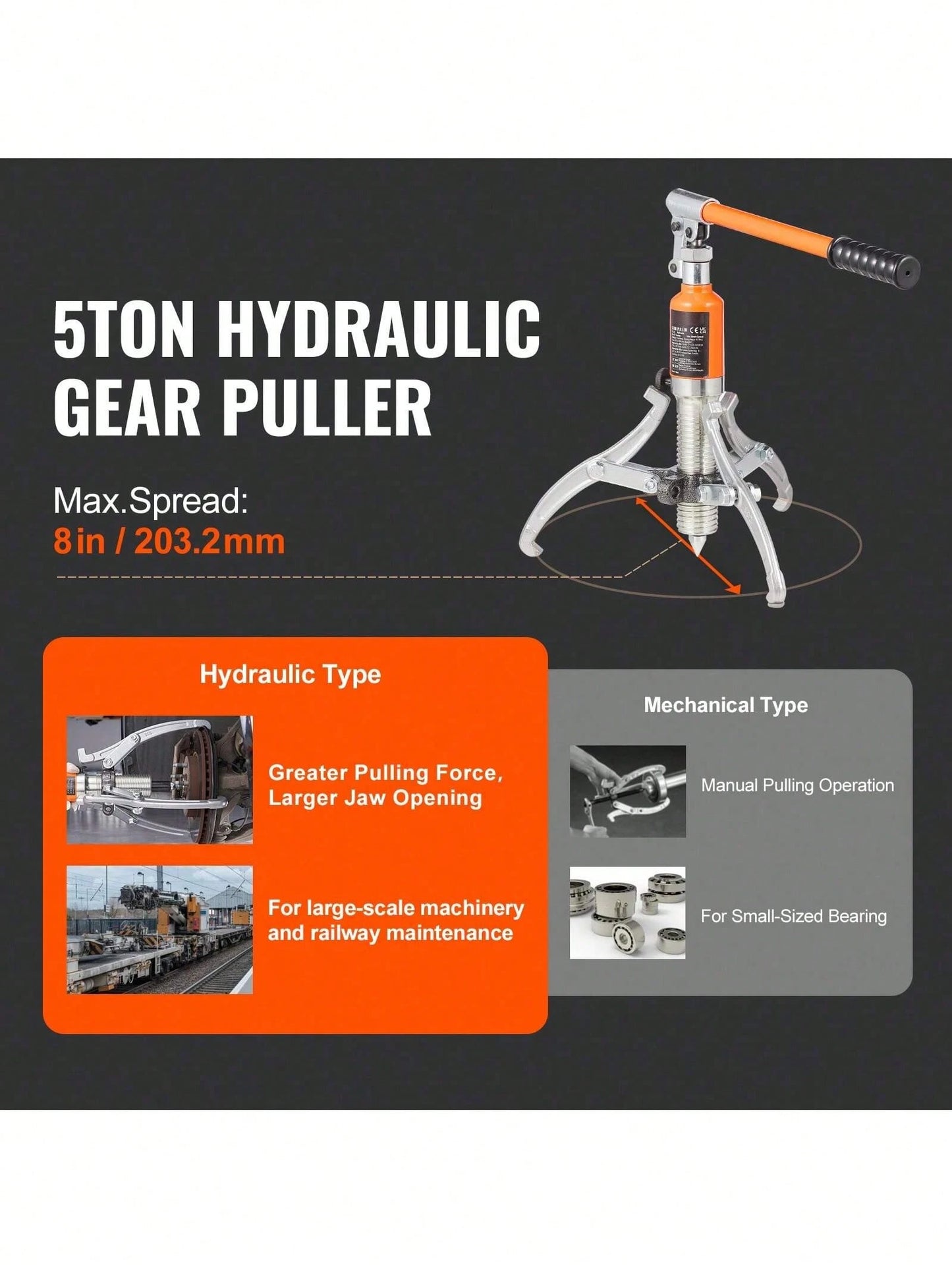 Hydraulic Gear Puller, 5 Ton Max Capacity Wheel Bearing Pulling Separator, 2 Or 3 Jaws Puller, Vertically And Horizontally, 8" Jaw Hydraulic Puller With Case For Pulling Hubs