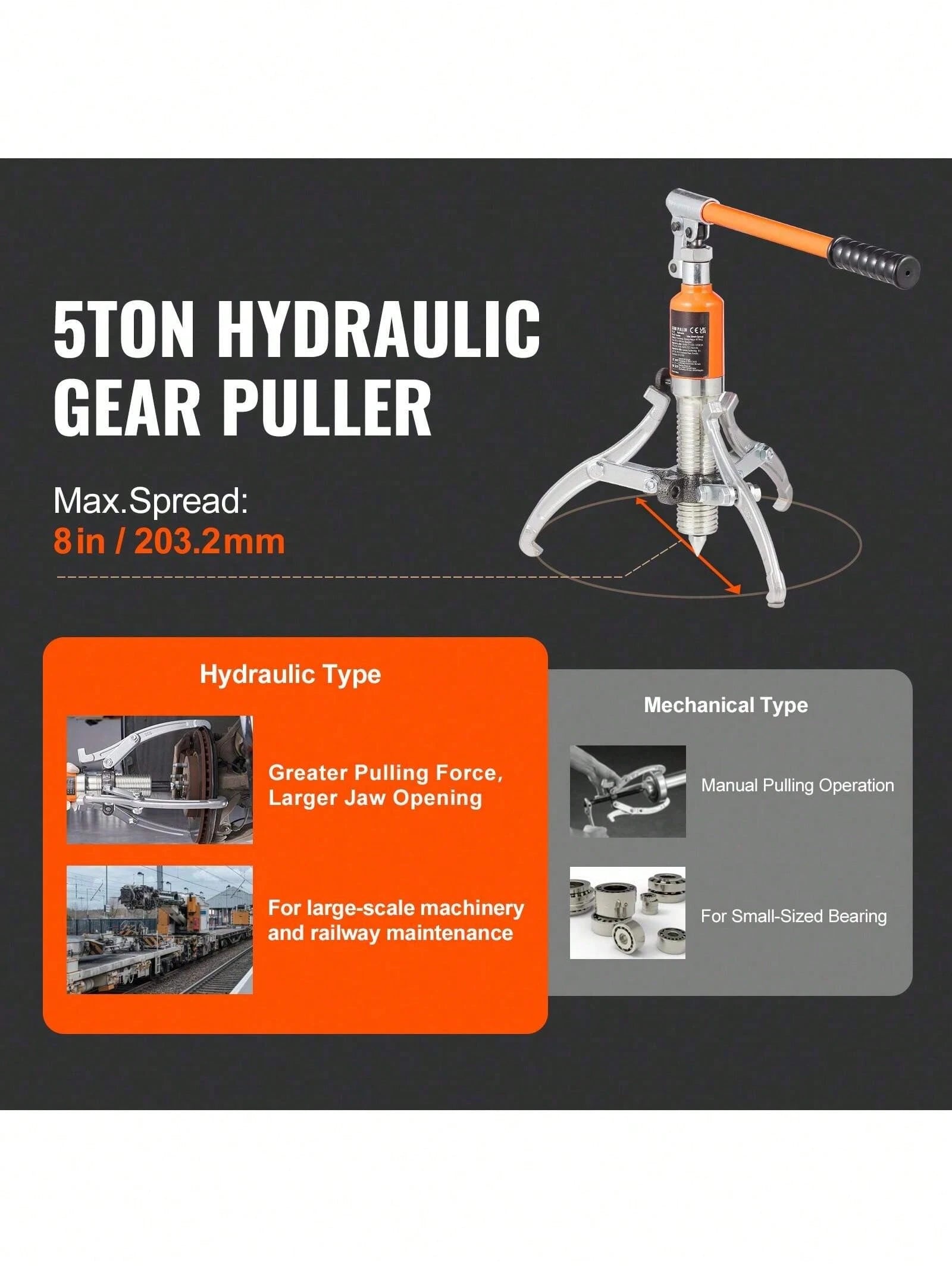 Hydraulic Gear Puller, 5 Ton Max Capacity Wheel Bearing Pulling Separator, 2 Or 3 Jaws Puller, Vertically And Horizontally, 8" Jaw Hydraulic Puller With Case For Pulling Hubs