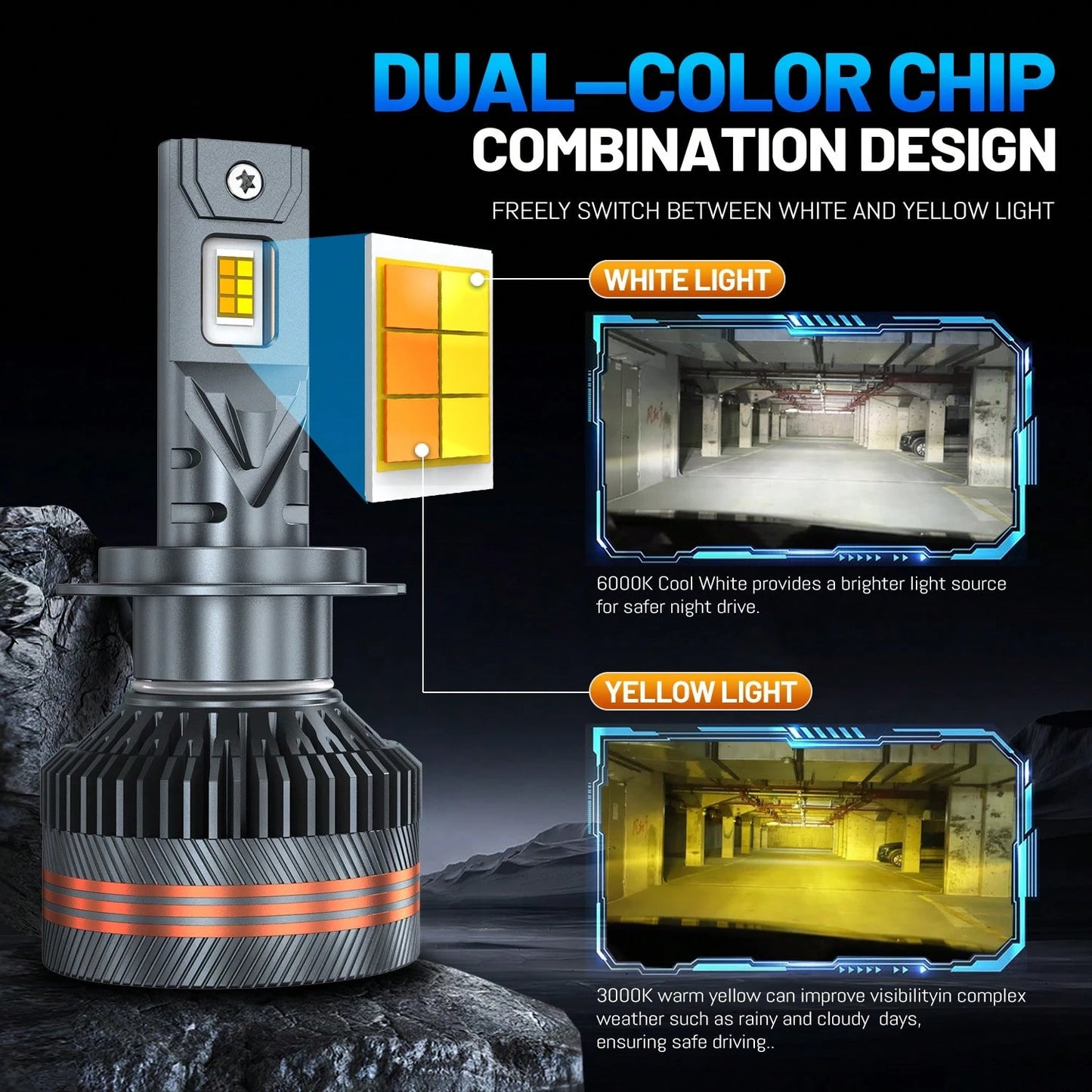 HYNBYZJ 2pcs H7 LED Car Headlight 9005/HB3 9006/HB4 9012 H11 H4 H1 Bulbs, Dual Color 6000K White/3000K Yellow One- Click Switch Lamp Bright CSP Chip New Upgraded Design LED Plug-N-Play Bulbs