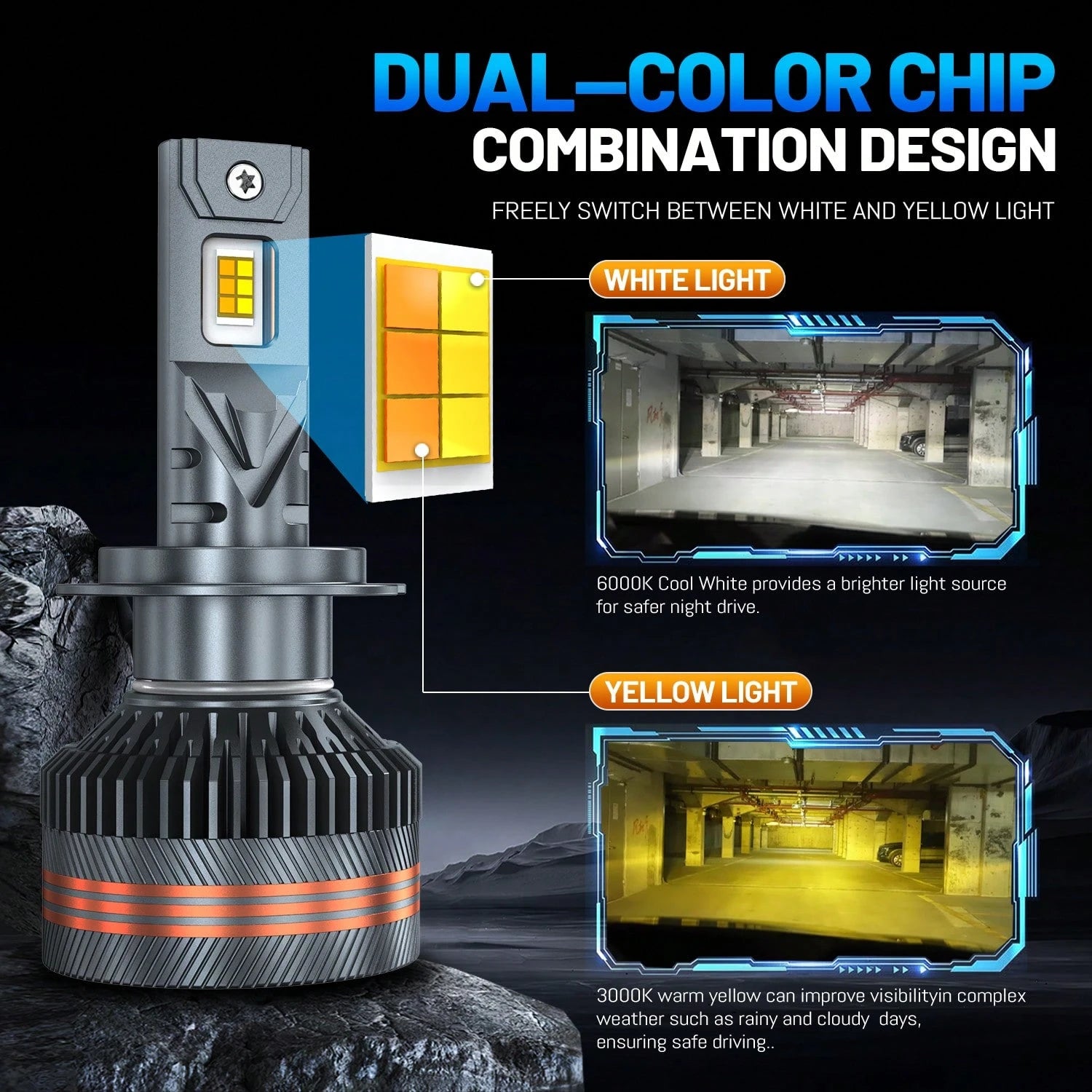 HYNBYZJ 2pcs H7 LED Car Headlight 9005/HB3 9006/HB4 9012 H11 H4 H1 Bulbs, Dual Color 6000K White/3000K Yellow One- Click Switch Lamp Bright CSP Chip New Upgraded Design LED Plug-N-Play Bulbs