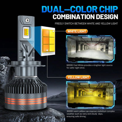 HYNBYZJ 2pcs H7 LED Car Headlight 9005/HB3 9006/HB4 9012 H11 H4 H1 Bulbs, Dual Color 6000K White/3000K Yellow One- Click Switch Lamp Bright CSP Chip New Upgraded Design LED Plug-N-Play Bulbs