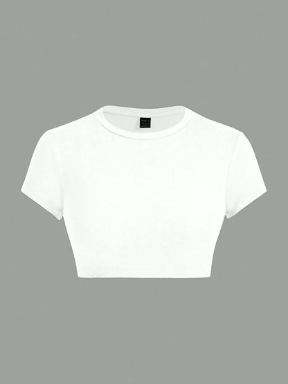 ICON Summer Casual Fitted Women T-Shirt, Simple Solid Color Round Neck Crop Sleeve Cropped Top Suitable For Going Out