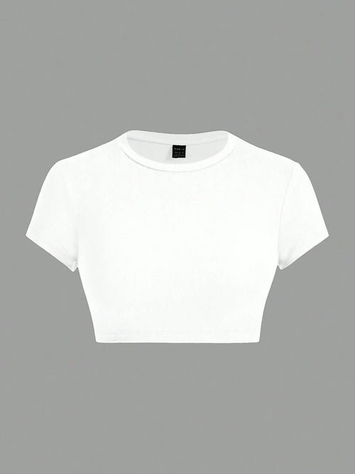 ICON Summer Casual Fitted Women T-Shirt, Simple Solid Color Round Neck Crop Sleeve Cropped Top Suitable For Going Out