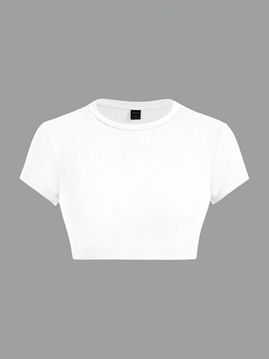 ICON Summer Casual Fitted Women T-Shirt, Simple Solid Color Round Neck Crop Sleeve Cropped Top Suitable For Going Out