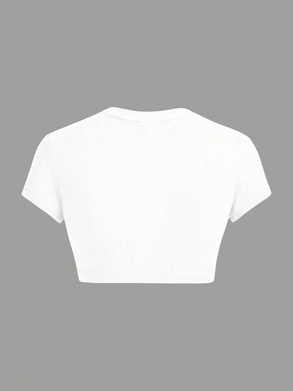 ICON Summer Casual Fitted Women T-Shirt, Simple Solid Color Round Neck Crop Sleeve Cropped Top Suitable For Going Out