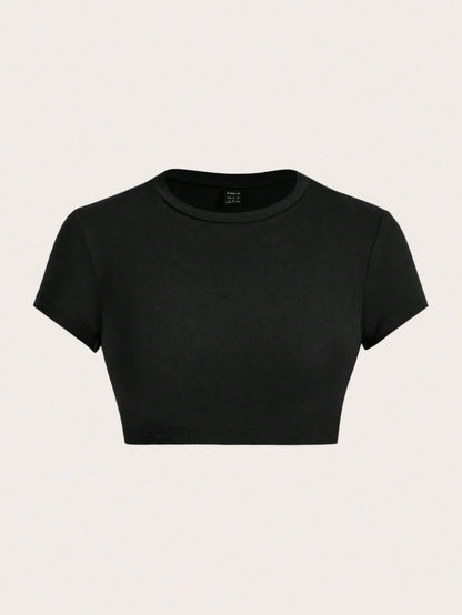 ICON Summer Casual Fitted Women T-Shirt, Simple Solid Color Round Neck Crop Sleeve Cropped Top Suitable For Going Out