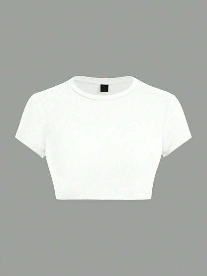 ICON Summer Casual Fitted Women T-Shirt, Simple Solid Color Round Neck Crop Sleeve Cropped Top Suitable For Going Out