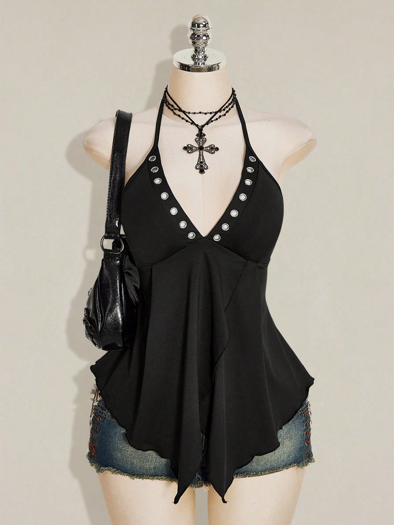 ICON Women's Solid Color Eyelet Decor Casual Versatile Daily Wear Halter Top