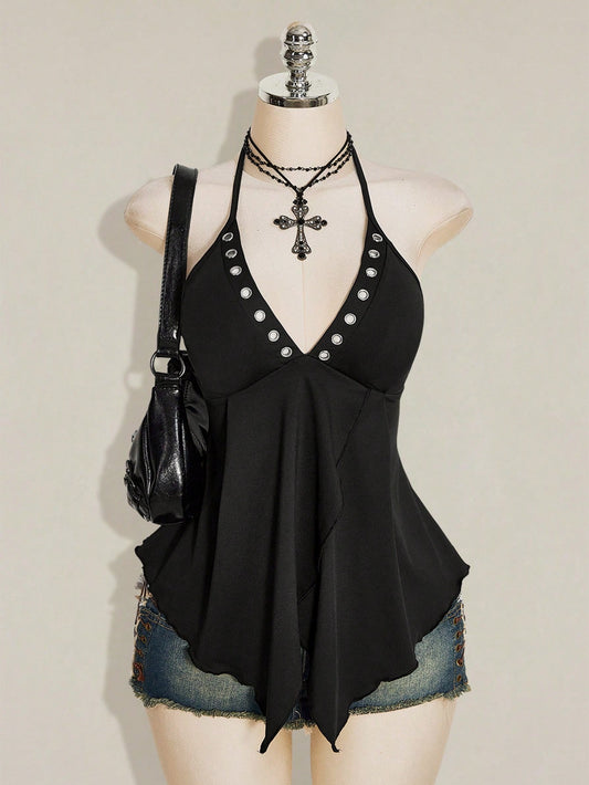 ICON Women's Solid Color Eyelet Decor Casual Versatile Daily Wear Halter Top