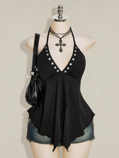 ICON Women's Solid Color Eyelet Decor Casual Versatile Daily Wear Halter Top