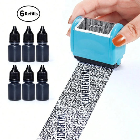 Identity Theft Protection Roller Stamp Set- Blue (Includes Replacement Ink, Bottle With Cap For Easy Use, Storage Box)