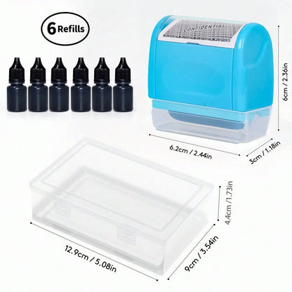 Identity Theft Protection Roller Stamp Set- Blue (Includes Replacement Ink, Bottle With Cap For Easy Use, Storage Box)