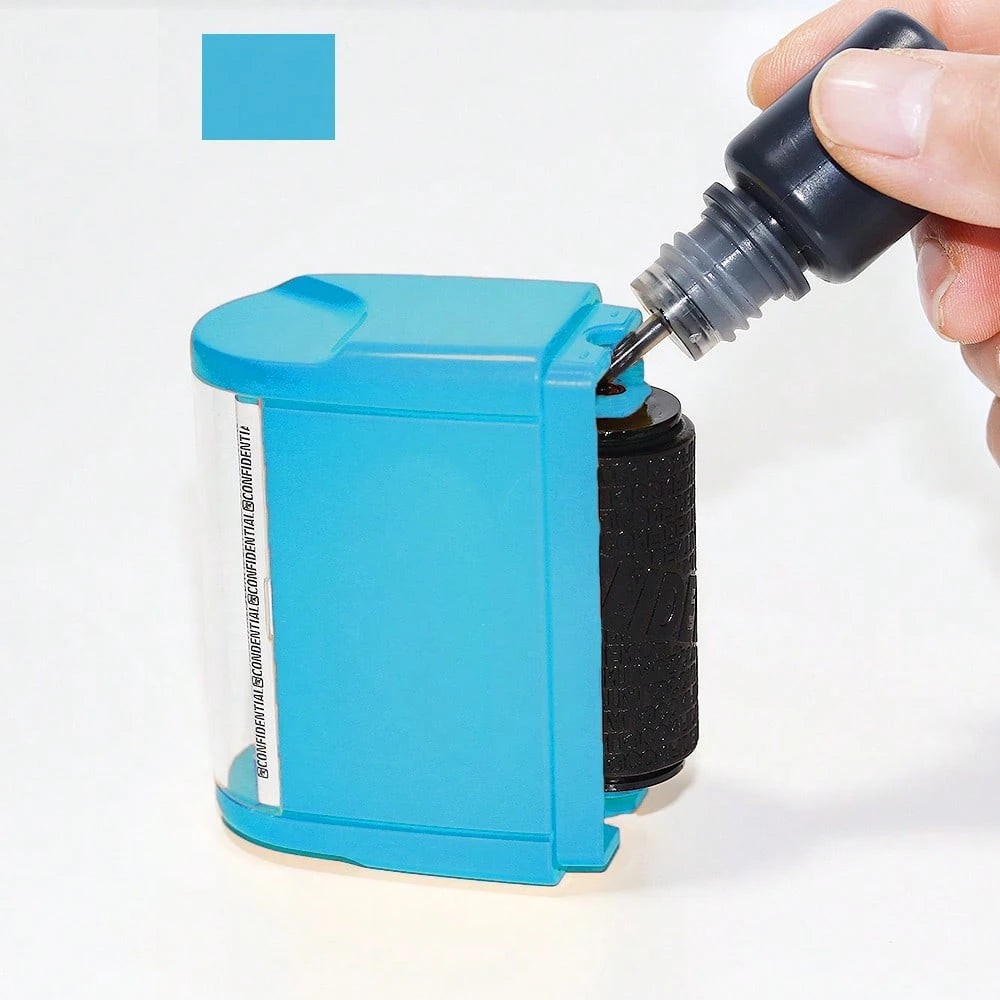 Identity Theft Protection Roller Stamp Set- Blue (Includes Replacement Ink, Bottle With Cap For Easy Use, Storage Box)