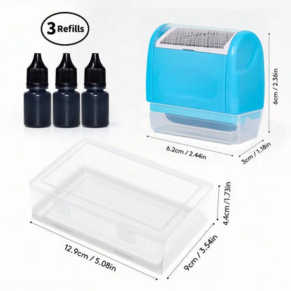 Identity Theft Protection Roller Stamp Set- Blue (Includes Replacement Ink, Bottle With Cap For Easy Use, Storage Box)