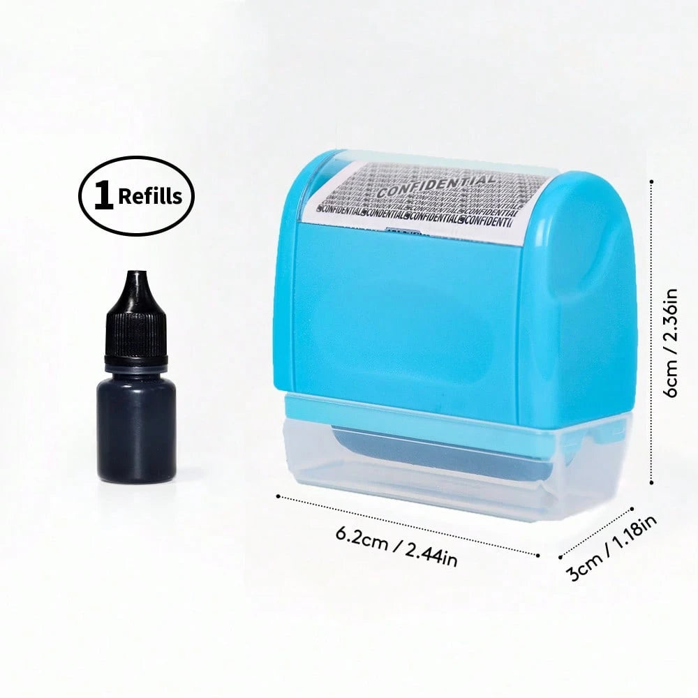 Identity Theft Protection Roller Stamp Set- Blue (Includes Replacement Ink, Bottle With Cap For Easy Use, Storage Box)