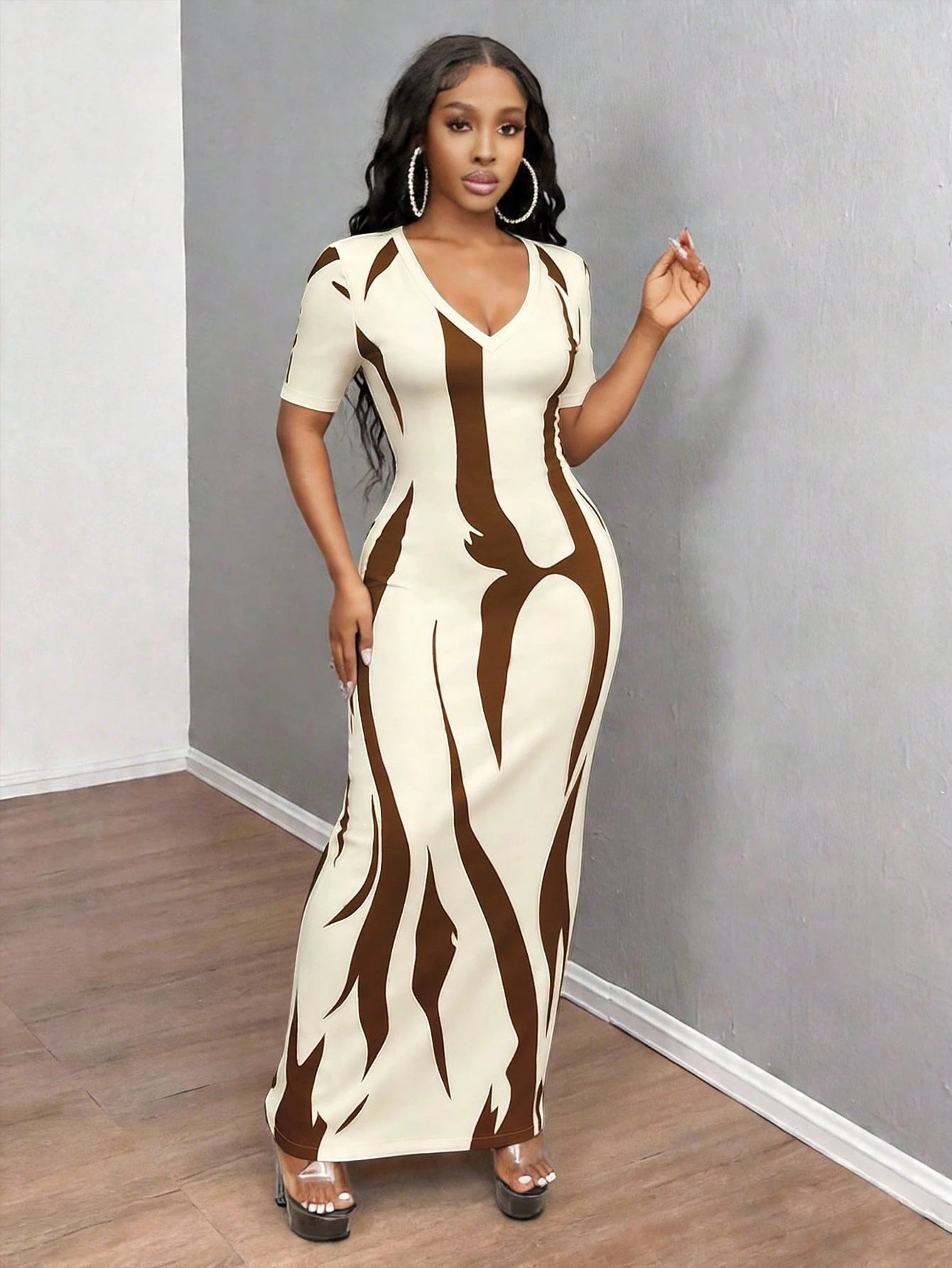 INAWLY Solva Women's Summer Sexy Graphic Fitted Print Short Sleeve Dress Night Out White