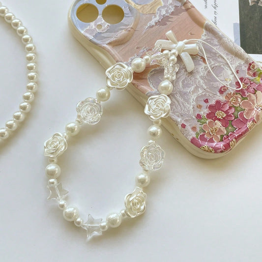 Ins Style Bow White Rose Pearl Phone Lanyard, Fashionable Versatile Universal Phone Hanging Chain Anti-Loss Chain, Suitable For CCD Camera Lanyard, Earphone Case Lanyard, Car Key Chain Pendant, Water