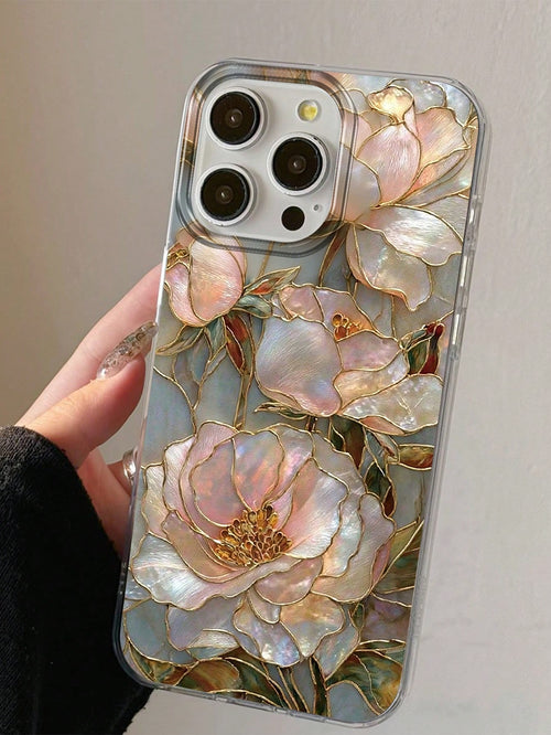 Iridescent 2D Printed Shell-Pearl Peony Print Transparent Tulle Back Film Phone Case, Light Luxury Enamel Floral Atmosphere Shockproof Protective Cover, Compatible With IPhone 13/11/17/17 Pro/16/14/15