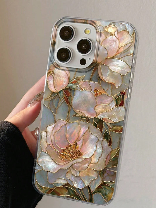 Iridescent 2D Printed Shell-Pearl Peony Print Transparent Tulle Back Film Phone Case, Light Luxury Enamel Floral Atmosphere Shockproof Protective Cover, Compatible With IPhone 13/11/17/17 Pro/16/14/15