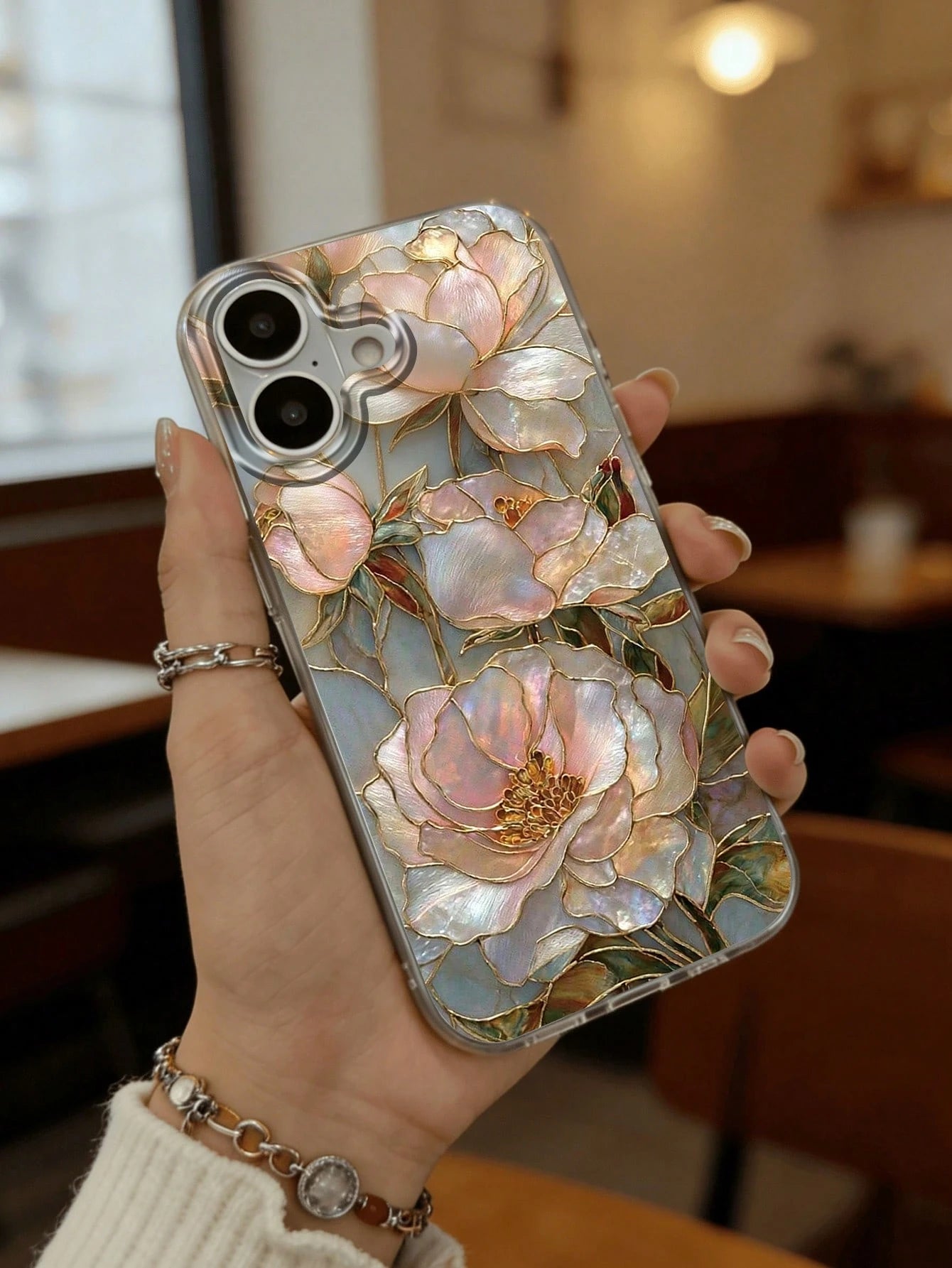 Iridescent 2D Printed Shell-Pearl Peony Print Transparent Tulle Back Film Phone Case, Light Luxury Enamel Floral Atmosphere Shockproof Protective Cover, Compatible With IPhone 13/11/17/17 Pro/16/14/15